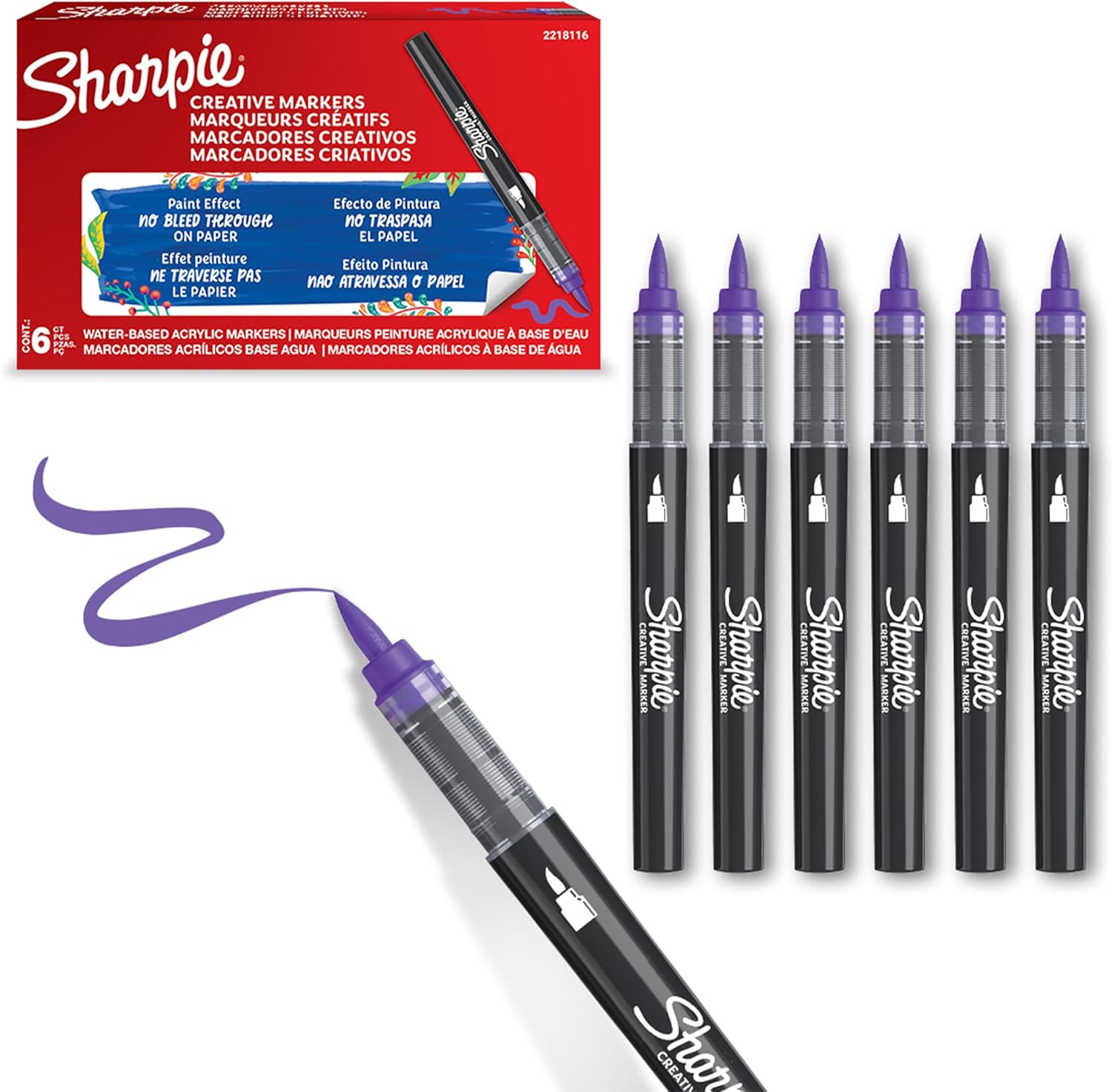 Sharpie Creative Marker Acrylic Paint Pens | Brush Tip Water-Based Paint Markers | Lilac | No-Bleed Ink Writes on Most Surfaces | Crafting & Art Supplies | 6 Count