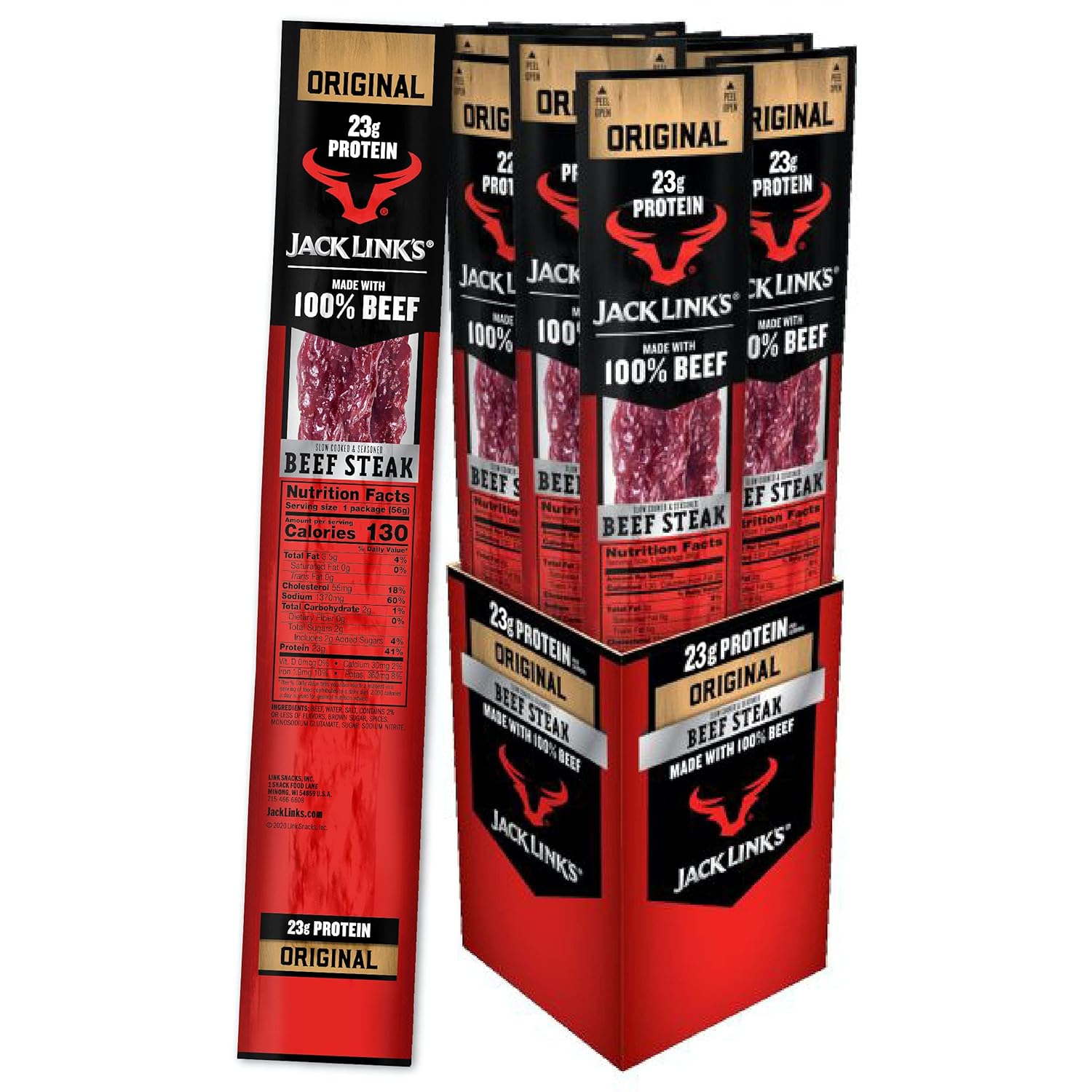 Jack Link's Beef Steak, Original - Protein Snacks, Meat Snack with 23g of Protein, Made with 100% Beef, Individually Wrapped Bulk Snack Pack, Keto Friendly - 2 Oz. (12 Count)