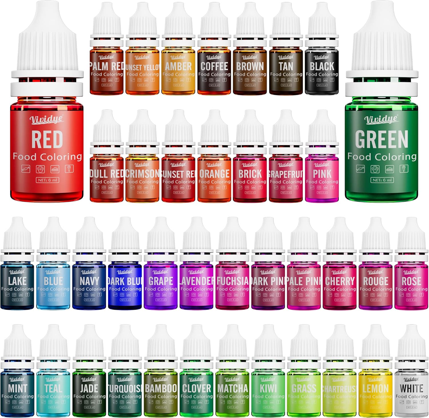 Food Colouring Set - 40 Vivid Colours Food Colouring Set for Baking, Cake Decorating, Icing, Cookie, Fondant and Macaron - Liquid Tasteless Food Colour Dye for DIY Soap Making and Crafts - 6ml Each