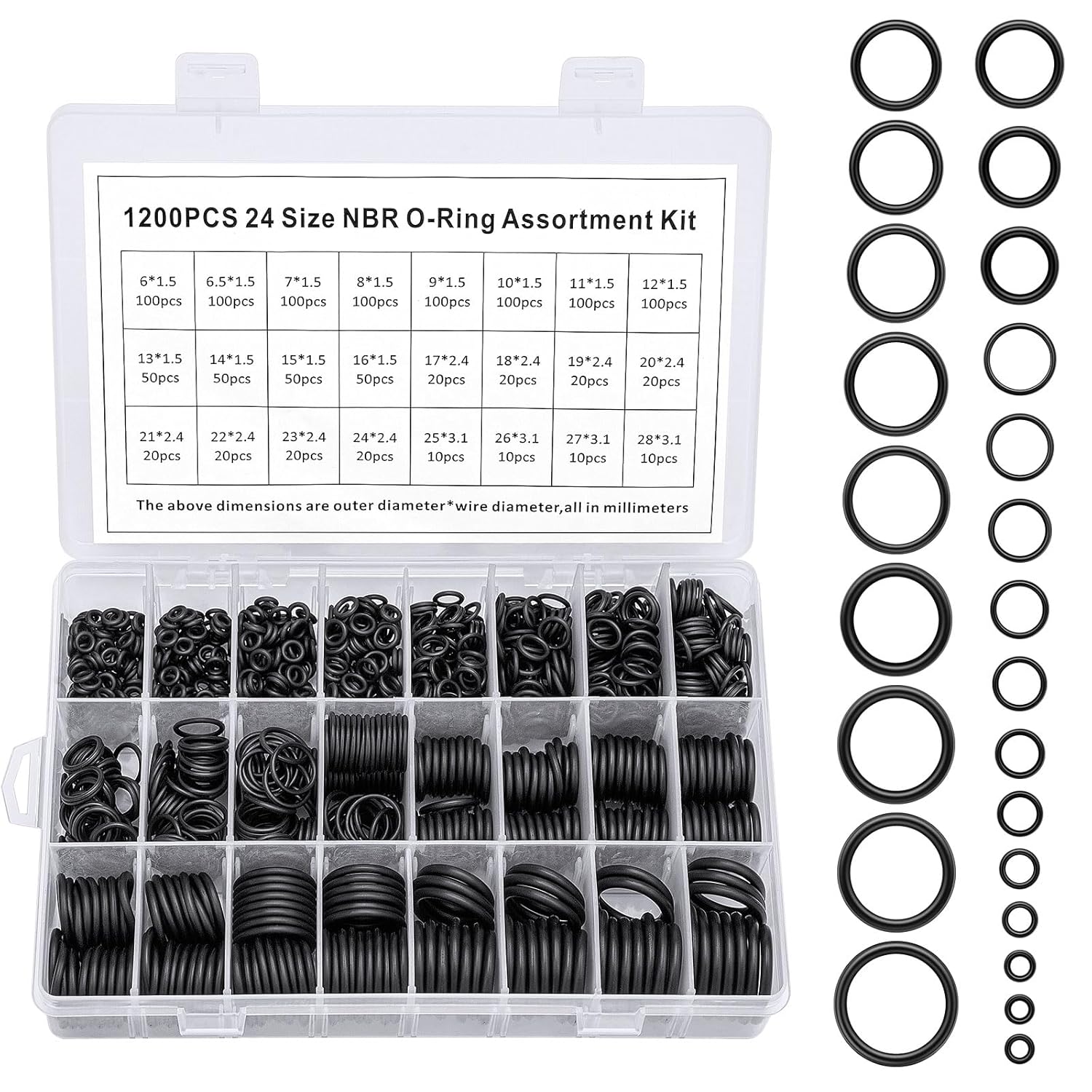 1200pcs O -Rings Kits, 24 Sizes(6-28mm ID) Rubber O -Ring Assortment Kit for Plumbing, Automotive, General Repair, Versatile O -Ring Kit, Durable O -Rings Assortment for Home and Professional Use