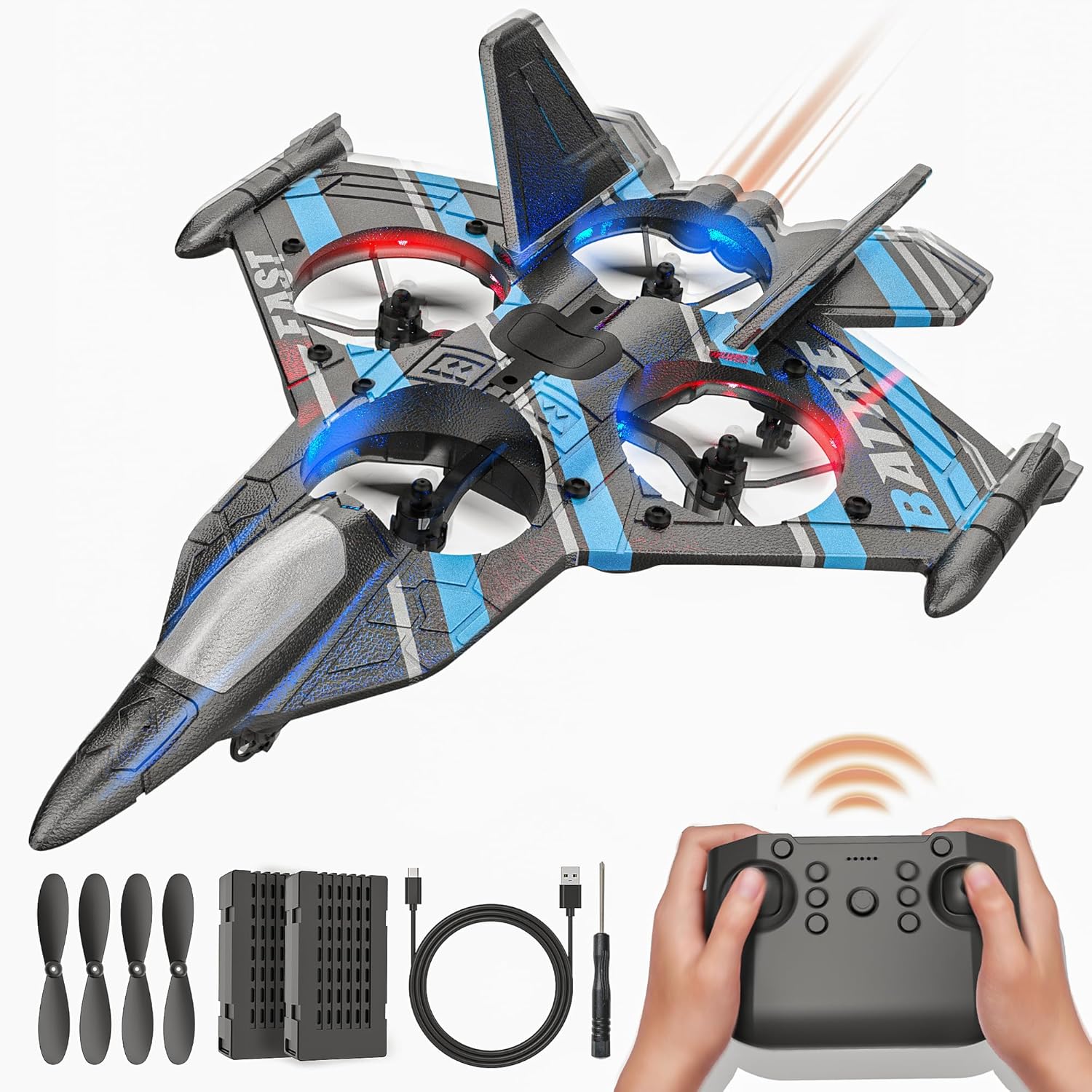 BEZGAR RC Airplane, Remote Control Plane for Adult Kids Beginners, 2.4GHZ 6-axis Gyro RC Aircraft Toys with 360° Flip/Colorful LED Navigation Lights/2 Batteries