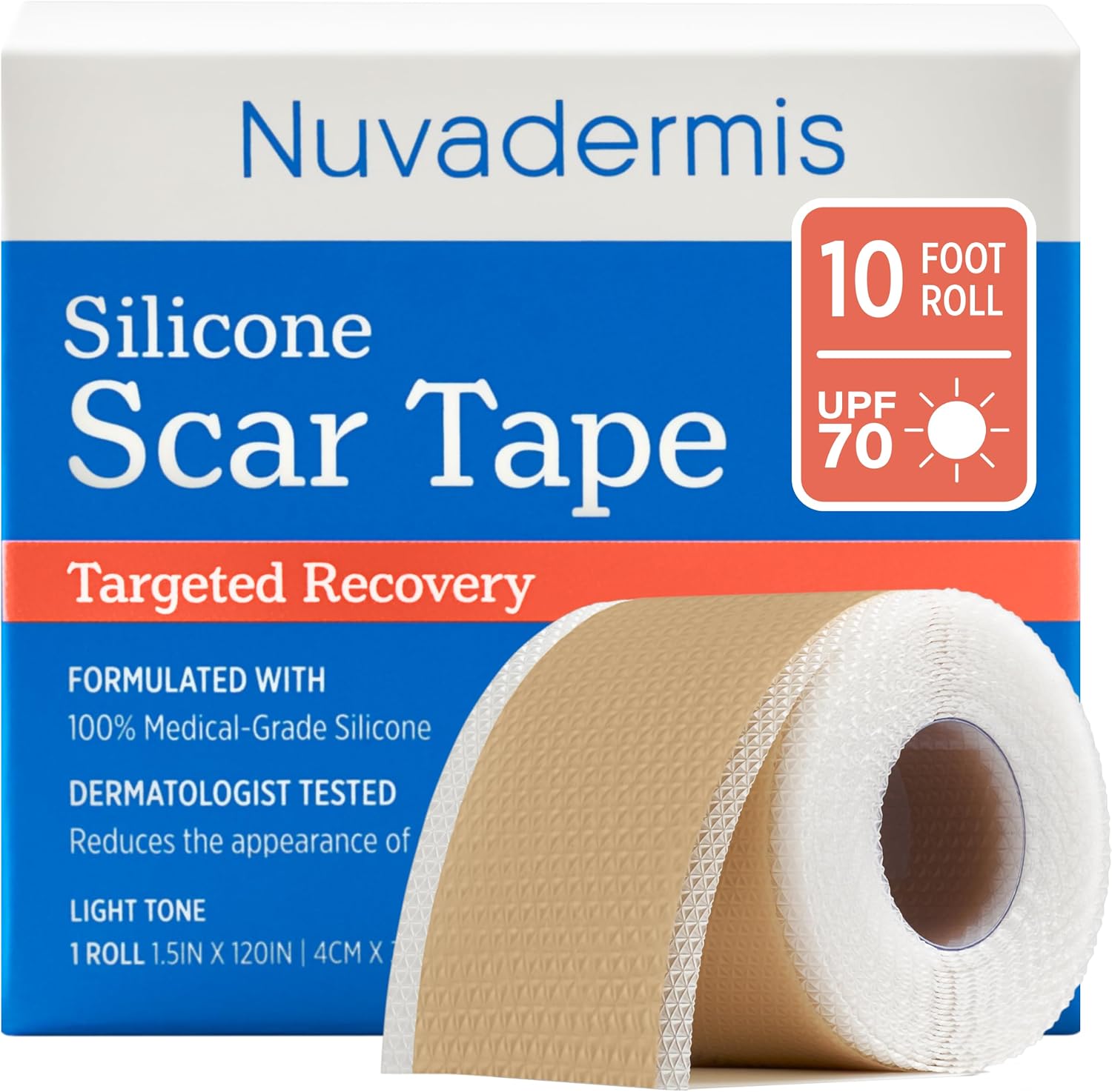 NUVADERMIS Silicone Scar Tape for Surgical Scars, 10 ft Roll, 1 Pack, Light