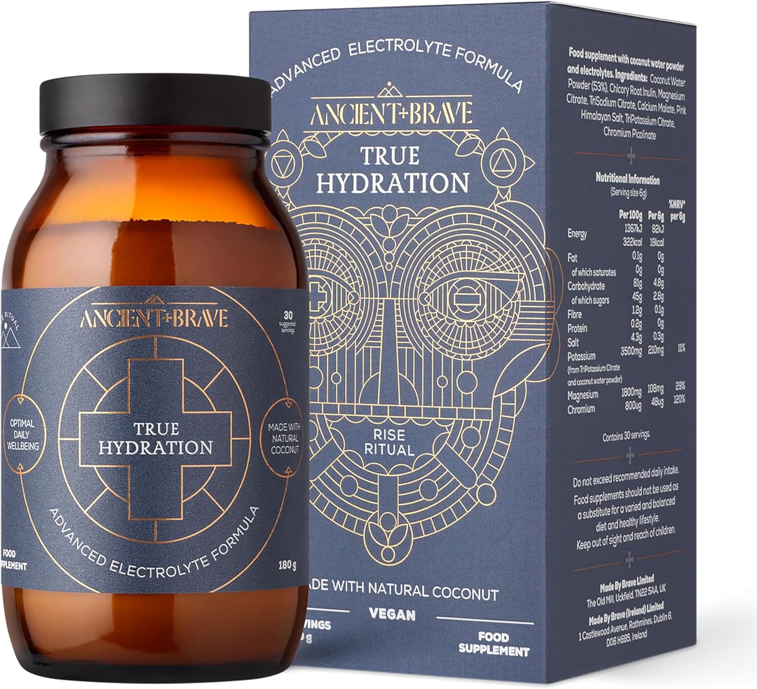 Ancient + Brave True Hydration 180g Jar - Electrolytes Powder with Magnesium, Potassium & Chromium - Natural Coconut Water Electrolyte Powder for Morning Hydration, Workout Recovery & Fasting Support