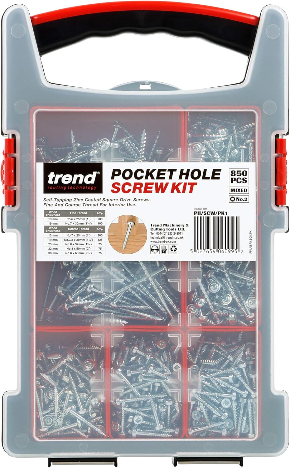 Trend Pocket Hole Screws For Hard & Softwoods, Assortment Pack Of 850, Self-Tapping Zinc Coated Square Drive Screws In Carry Case, PH/SCW/PK1