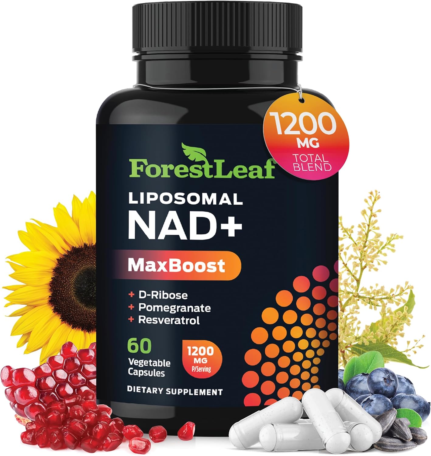 ForestLeaf NAD Resveratrol Capsules, Liposomal NAD Supplement for Women and Men with D-Ribose and Pomegranate, NAD+ for Energy, Focus and Anti-Aging Support, NMN Supplement Alternative (60 Caps)