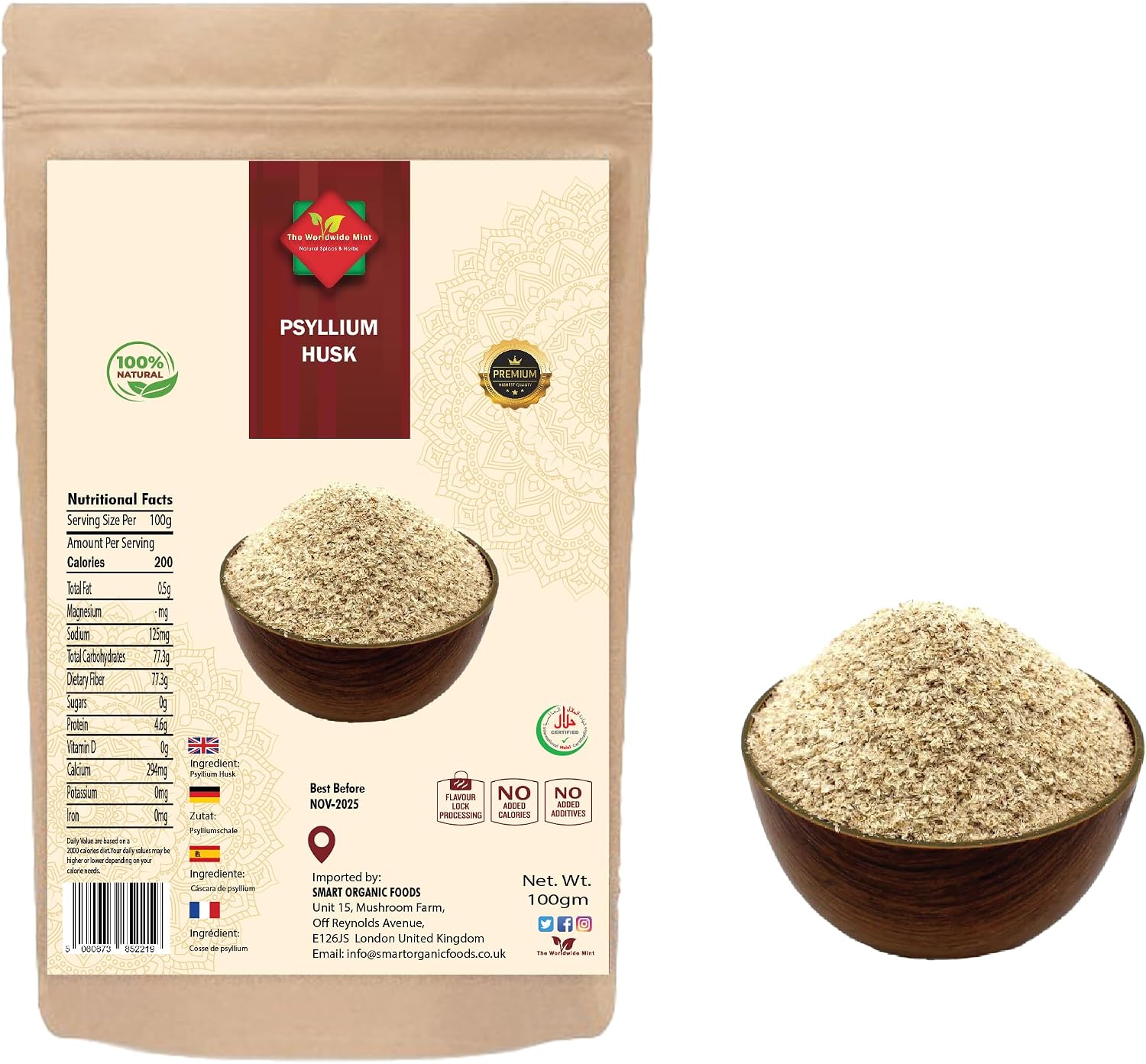 Psyllium Husk (100g/3.52oz) Easy Mixing Fiber Supplement, Finely Ground & Non-GMO Powder for Promoting Regularity