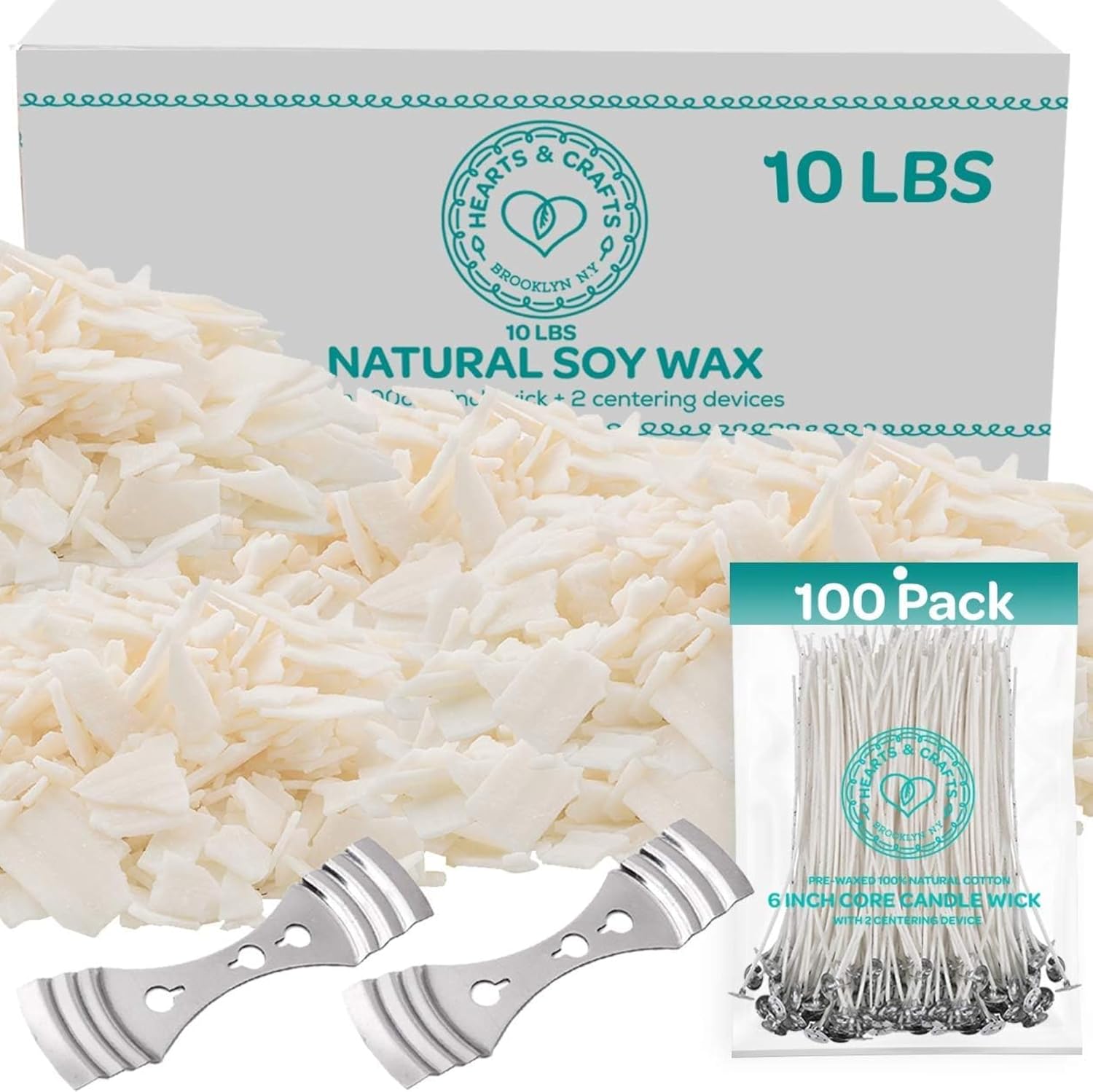 Hearts & Crafts Candle Wax - Soy Wax for Candle Making Kit - 10 lbs Wax Flakes, 100 Pieces 6-Inch Candle Wicks, 2 Metal Centering Devices - Soy Candle Wax Bulk and DIY Candle Making Supplies