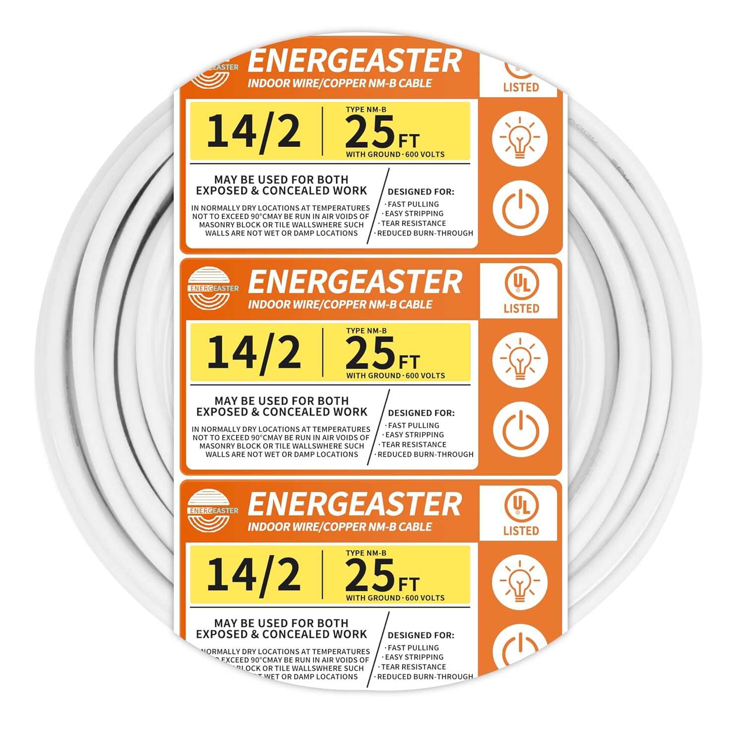 Solid Indoor 14/2 W/G NMB Cable 25ft Coil,Electrical Wire 14 Gauge Wire 2 Conductors Non-Metallic with Ground Wire(White)