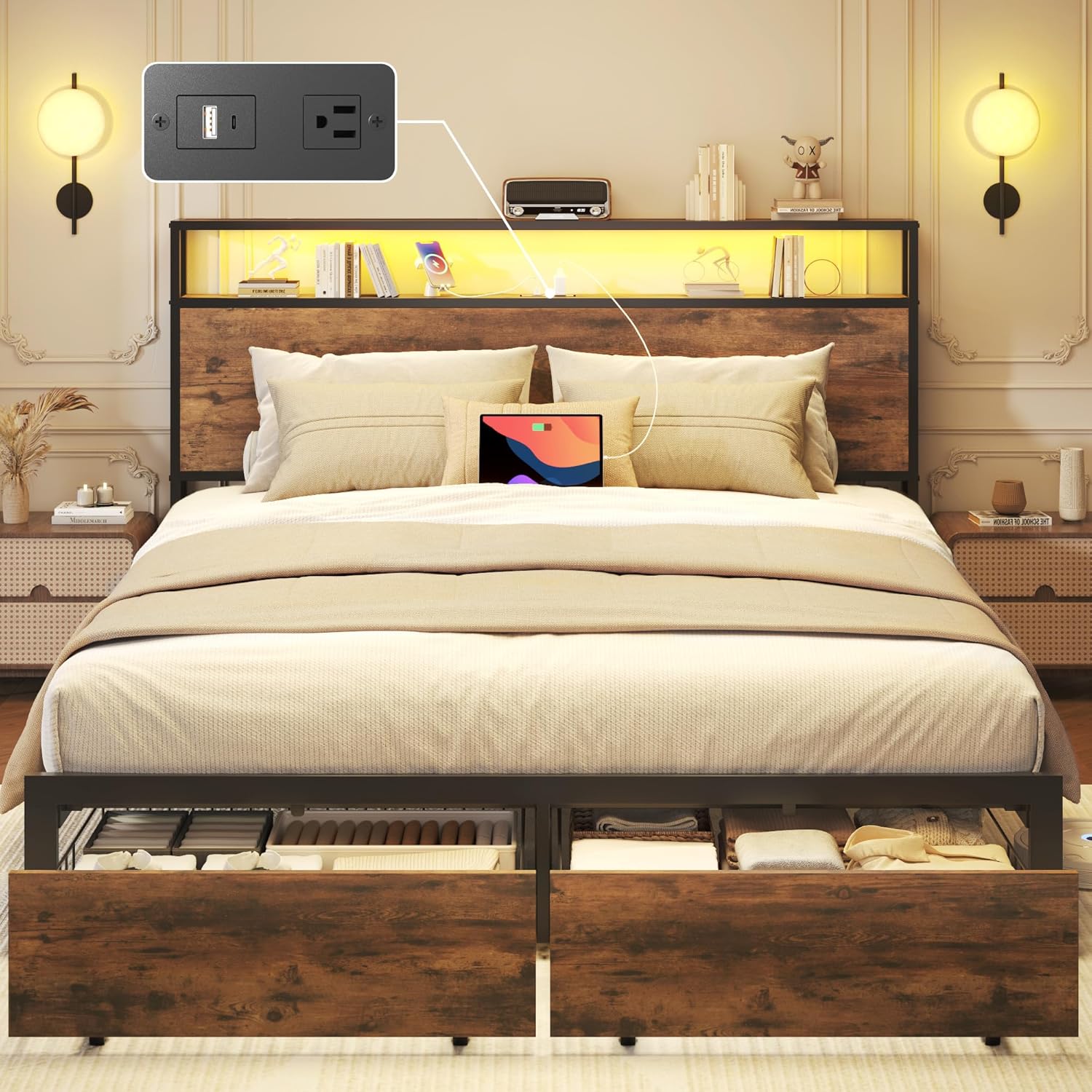 Lifezone Queen Bed Frame with 2-Tier Storage Headboard, Metal Bed Frame with Storage Drawers & Built-in Charging Station & LED, Noise-Free, No Box Spring Needed, Easy Assembly, Rustic Brown