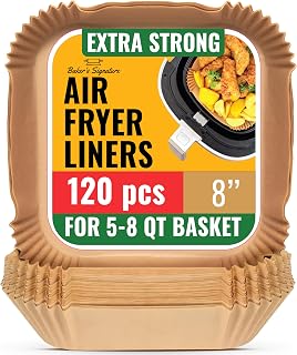 Air Fryer Paper Liners, 120Pcs Air Fryer Disposable Liners, Non-Stick and Oil Proof for Easy Cleanup, 8” Square for 5-8 qt Basket by Baker's Signature