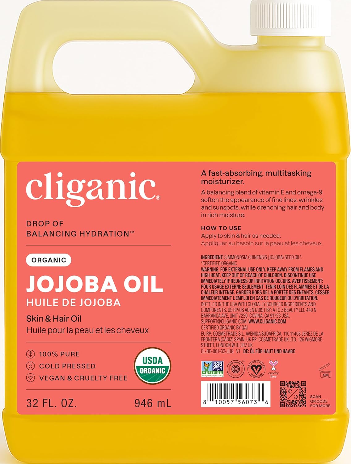 Cliganic Organic Jojoba Oil Bulk 32oz, 100% Pure, Natural Cold Pressed Unrefined Hexane Free Oil for Hair & Face