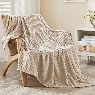 EMME Fleece Blanket Twin Size Luxury Flannel for Couch Bed Sofa Chair, Soft, Plush, Warm and Cozy Blanket with Geometric Grid Design (Beige, 60'' x 80'')