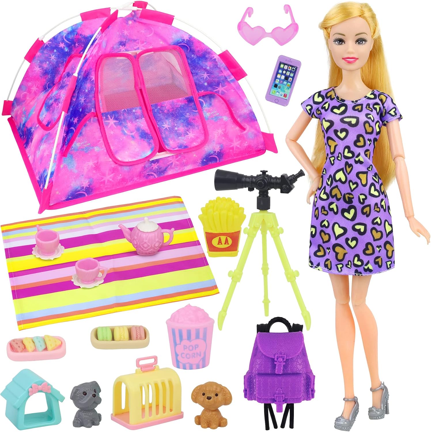 K.T. Fancy 18 PCS Girl Doll Travel Camping Tent Set and Accessories for 11.5 Inch Doll Includes Tent, Clothes, Backpack, Toy Dog, Placemat, Toy Phone, Glasses