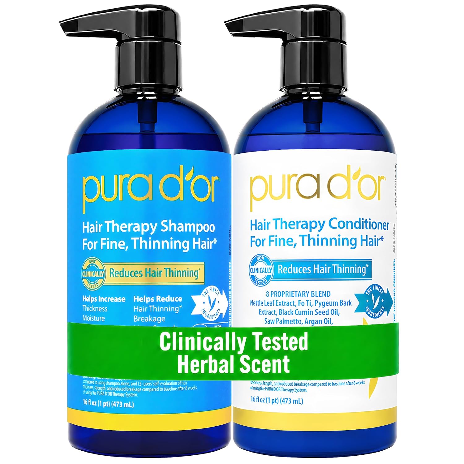 PURA D'OR Hair Thinning Therapy Biotin Shampoo & Conditioner Set, 16oz x2 | Fuller Thicker Volume, Clinically Tested, 15 Key Botanicals, Aloe Vera Base, Helps Reduce Breakage, Men & Women, Sulfate-Free