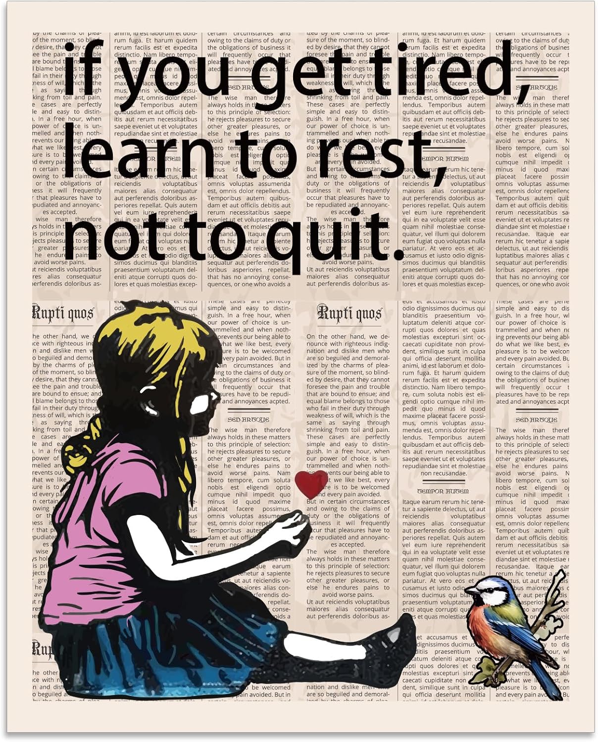 arricraft 1 Pc Banksy Girl and Bird Wall Poster, Colorful Motivational Picture Print Unframed Dictionary Art Paper with Positive Quote Words for Living Room Bedroom Decor 25.5x20.5cm