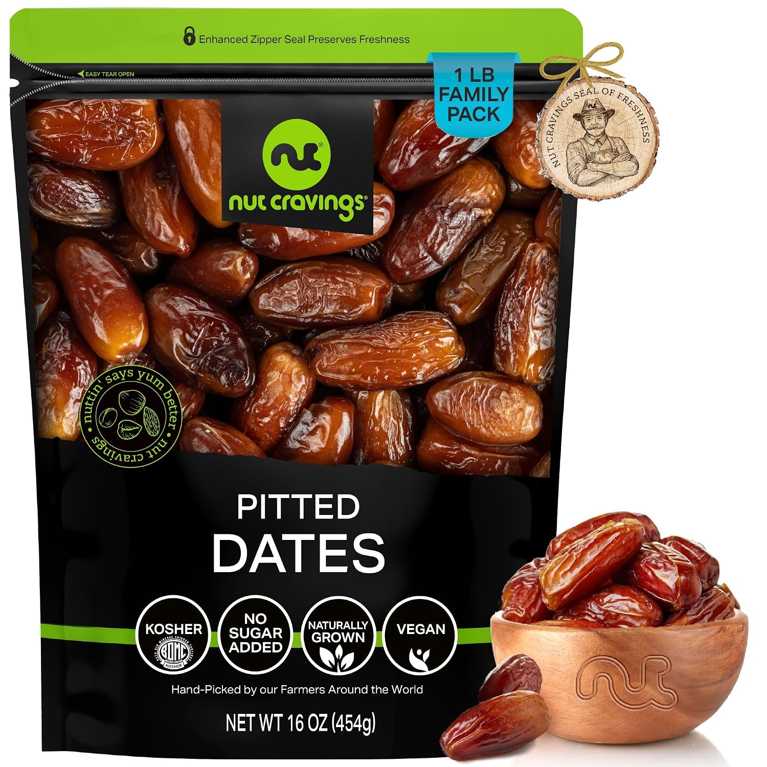 NUT CRAVINGS - Dried Deglet Noor Dates Pitted, No Sugar Added, Unsulphured (16oz, 1 LB) Sweet Healthy Snack, Vegan, Kosher, Resealable Bag