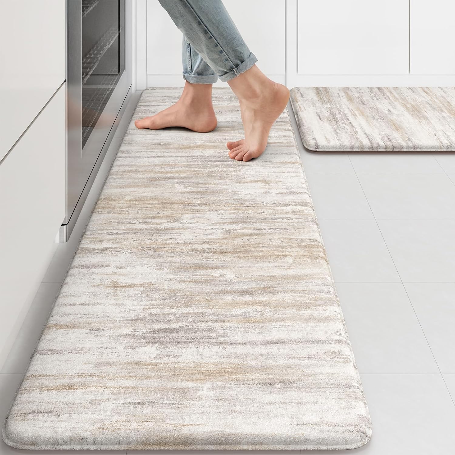 KIMODE Anti Fatigue Kitchen Mats for Floor 2 Piece, Cushioned Abstract Kitchen Rugs,Memory Foam Kitchen Floor Mats, Standing Desk Mats for Laundry, Office, Sink Light Brown Multi 17"x47"+17"x29"