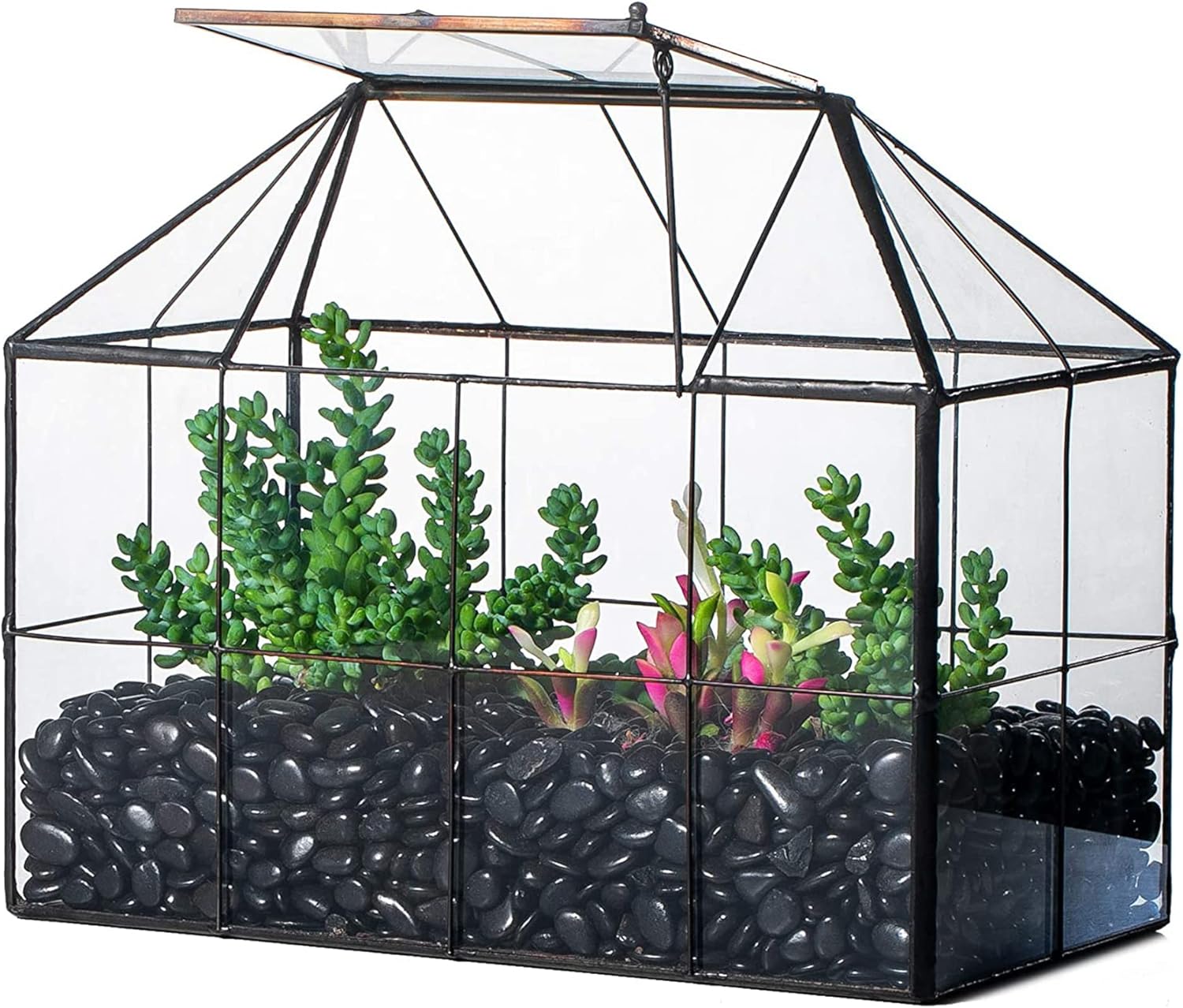 NCYP Geometric Glass Terrarium - 25x13.5x20 cm House Shape Terrarium Planter for Succulents, Cacti - Modern Home Indoor Tabletop Decor, Centerpiece, Black (No Plants)