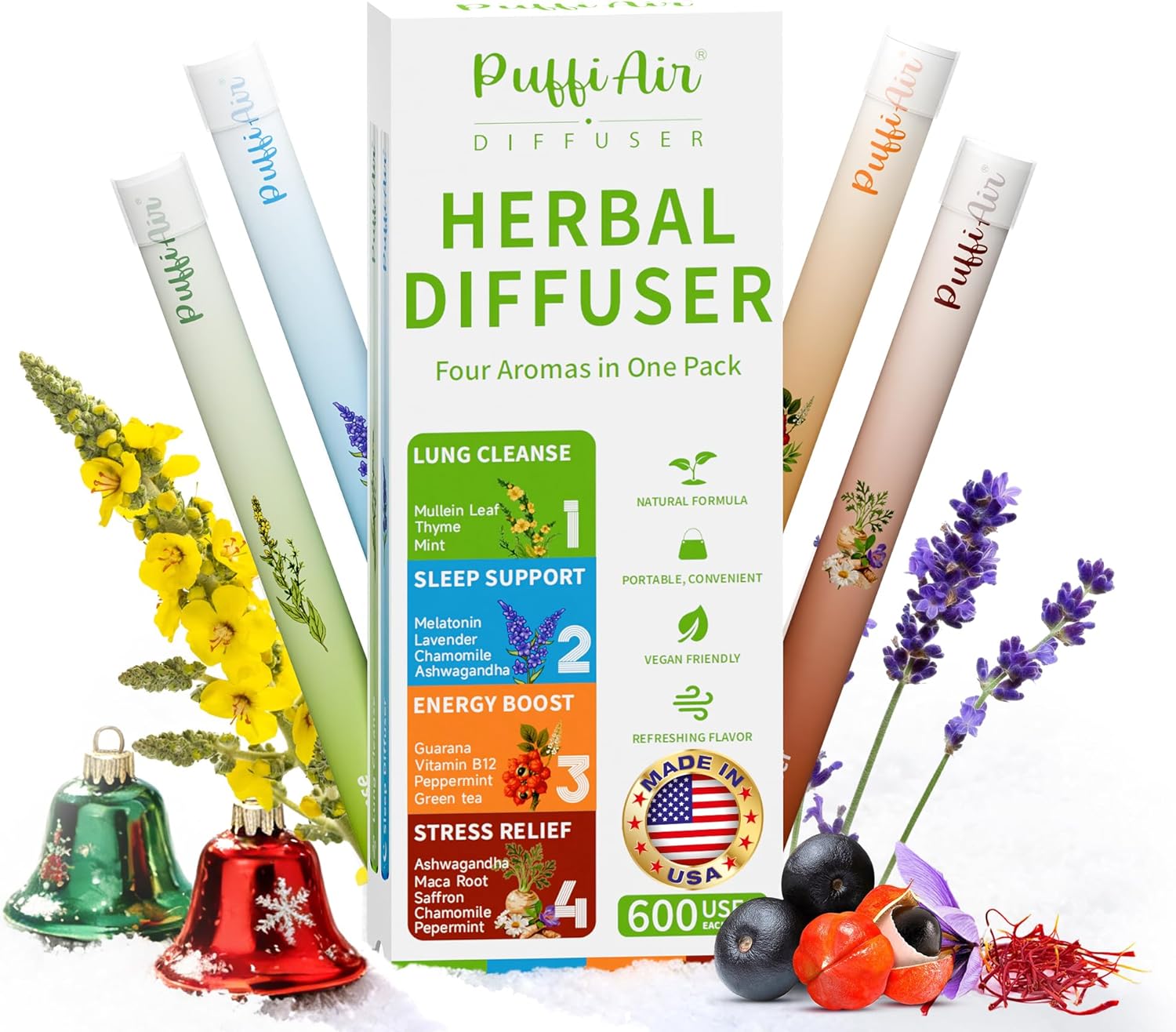 PUFFIAIR 4-in-1 Herbal Diffuser Pen, No Nicotine Inhaler for Lung Cleanse, Sleep Support, Energy Boost & Stress Relief with Mullein, Lavender, Guarana & Chamomile, 4 Pens, 1600 Total Uses