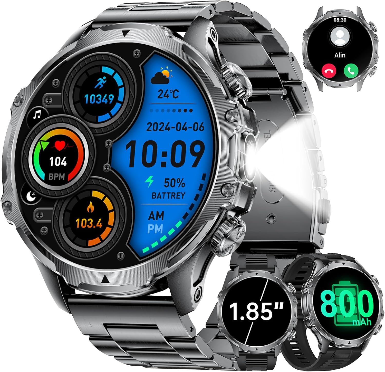Smart Watch for Men with 800mAh/LED Flashlight, 1.85'' Smartwatch with Bluetooth Call/30+ Days Standby/Health Monitor, IP68 Waterproof Sport Tactical Military Fitness Tracker Watch for Android iOS