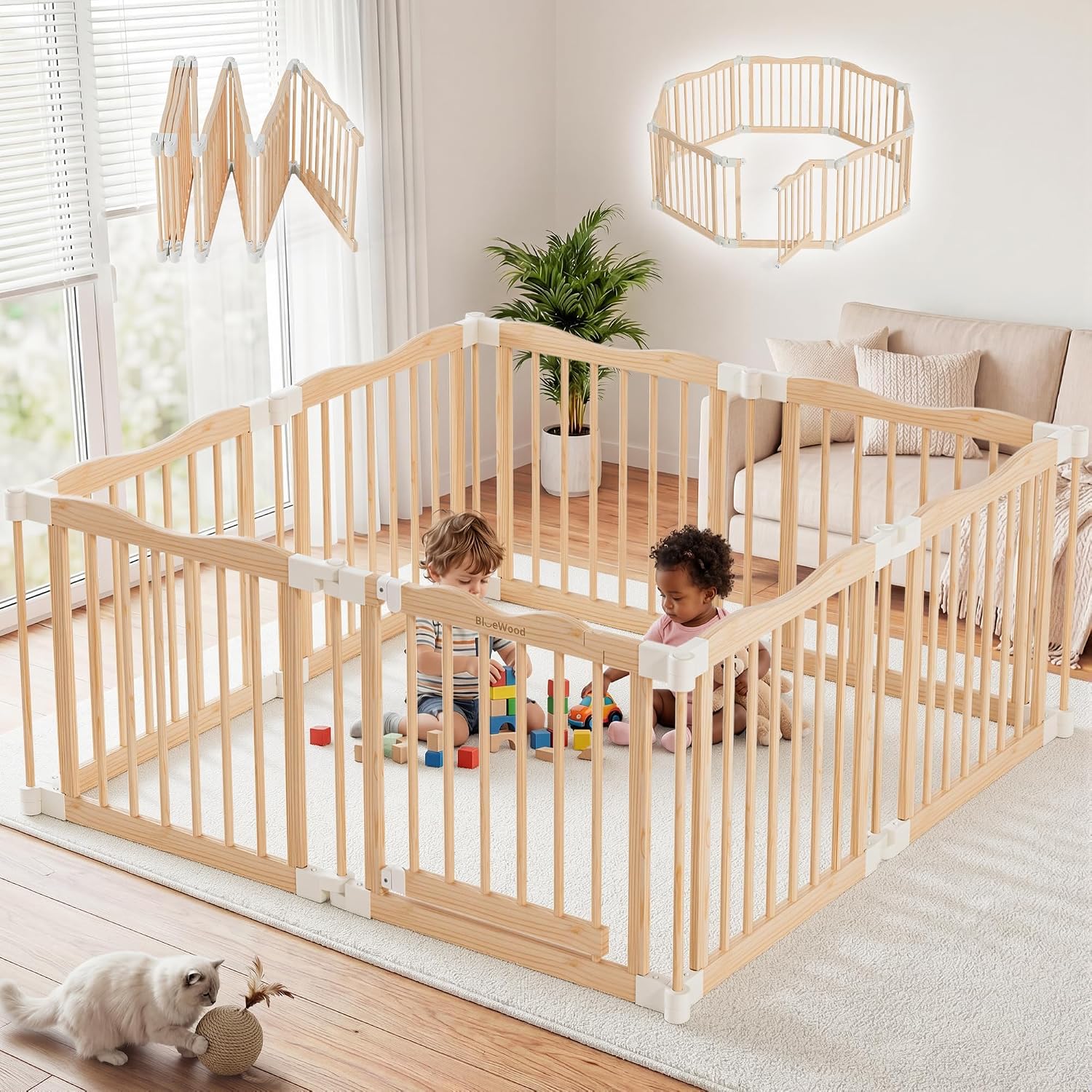 Foldable Wooden Playpen, Natural, 53 x 53 x 24 inches