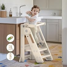 Foldable Toddler Tower Kitchen Step Stool for Sink Kids Adjustable Height Learning Tower for Children Montessori Learning Helper with Handles for Bathroom, Beige