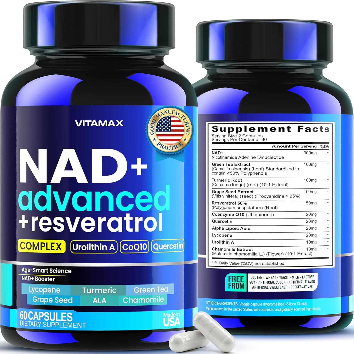 Vitamax NAD+ Supplement Extra Strength - Liposomal + Urolithin A, Resveratrol, CoQ10 - Women & Men - ALA, Green Tea, Quercetin, Lycopene – High Purity, Energy & Regeneration - Made in USA – 60ct