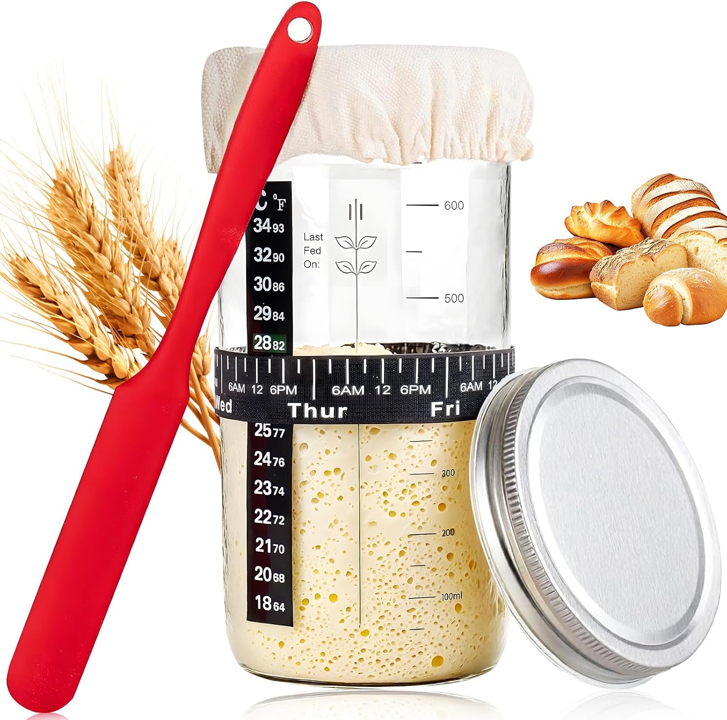 Moorstdel Sourdough Starter Jar Kit, 800ML/32oz Sourdough Bread Baking Container, Glass Fermentation Jar, Dough Rising Container for Home Baking, Healthy Cooking & Sustainable Living