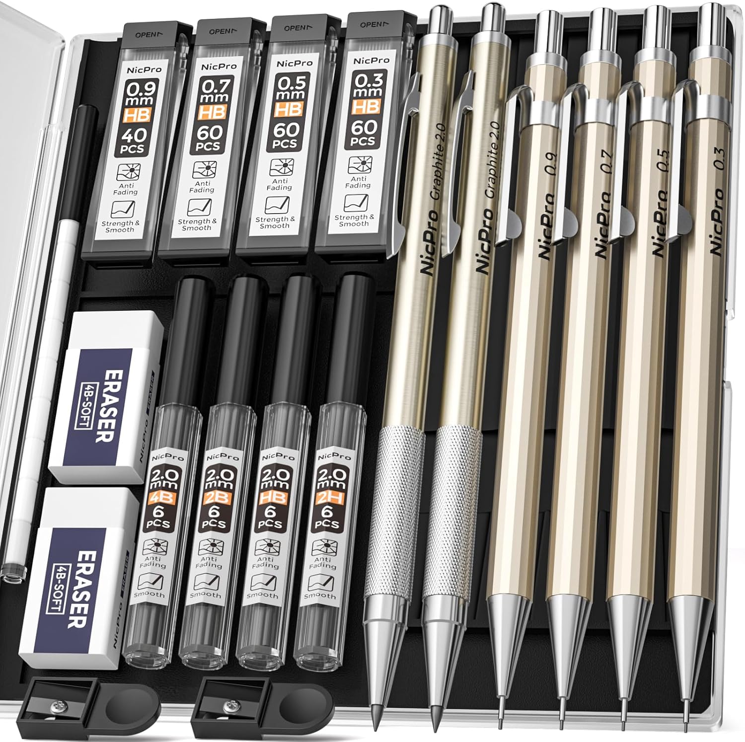 Nicpro 6PCS Metal Mechanical Pencils Set, Propelling Drafting Pencil 0.3 & 0.5 & 0.7 & 0.9 mm, 2PCS 2mm Lead Holder(2B HB 2H 4B) For Art Writing Sketching Drawing With 8 Tube Lead Refills Erasers Case