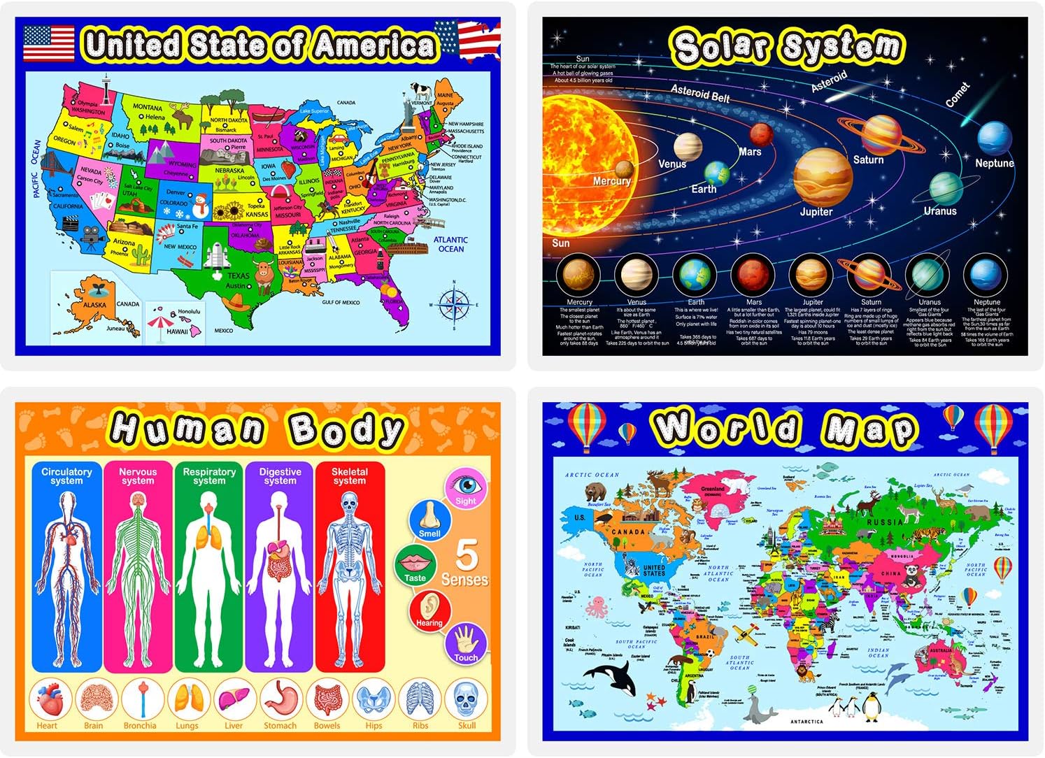 Educational Learning Posters for Kids and Toddlers Solar System Poster, World Map, USA Map, Human Body for Preschool Nursery Homeschool Preschool Kindergarten Classroom Decorations(Null)