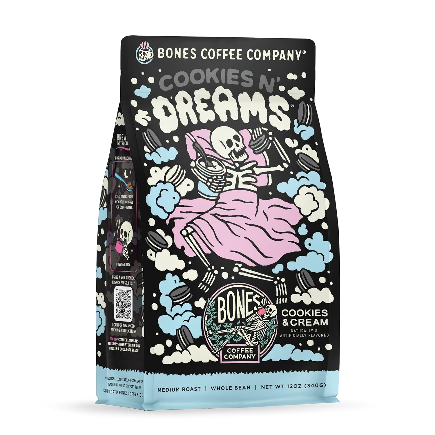Bones Coffee Company Cookies 'N Dreams Cookies and Cream Flavored Coffee, Medium Roast Low Acid Arabica Beans Compatible with Auto drip and French Press Coffee Maker, 12 Oz Whole Bean