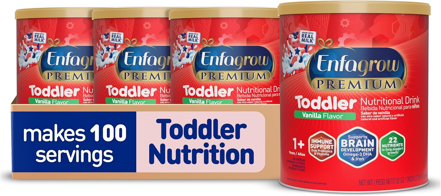 Enfagrow Premium Toddler Nutritional Drink, Vanilla Flavor, Omega-3 DHA for Brain Support, Prebiotics & Vitamins for Immune Health, Powder Can, 32 Oz, Pack of 4