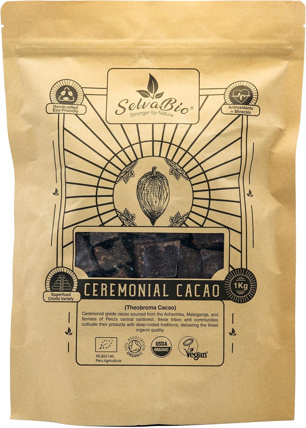 Organic Ceremonial Grade Cacao - 100% Raw Criollo Variety from Farmers and Ashaninka & Nomatsigenga Tribes in Peru, 1000g - 1kg