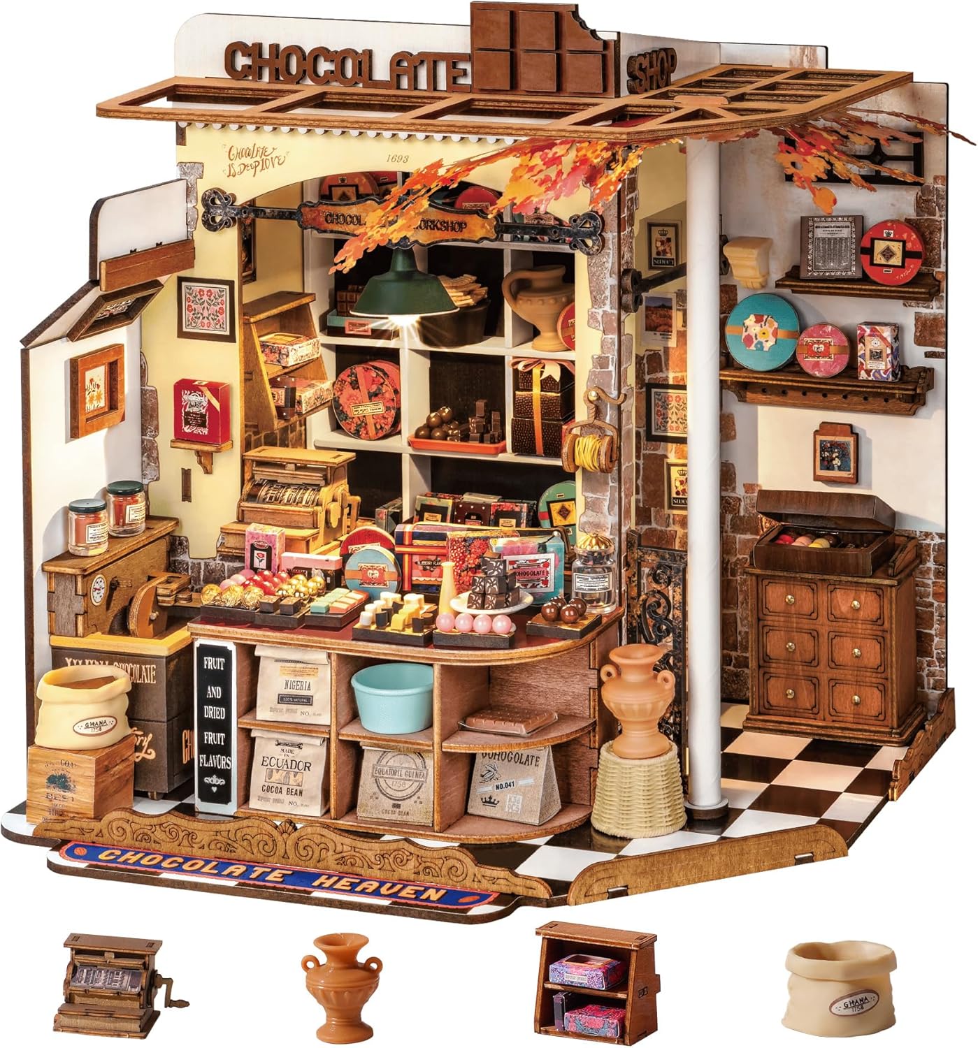 Rolife DIY Miniature House Kit Henry's Chocolate Shop, 330-Piece Model Kit Dolls House for Teens Adults No Glue Needed, 3D Puzzle Mini House Building Kit 8-Hour Assembly Book Nook Craft Kit