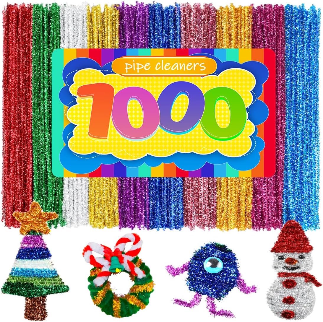 GAGANIU 1000pcs Pipe Cleaners, Pipe Cleaners for Crafts, Craft Supplies Multicolor Chenille Stems for Art&Craft Christmas DIY Projects(10colors,Glitter)