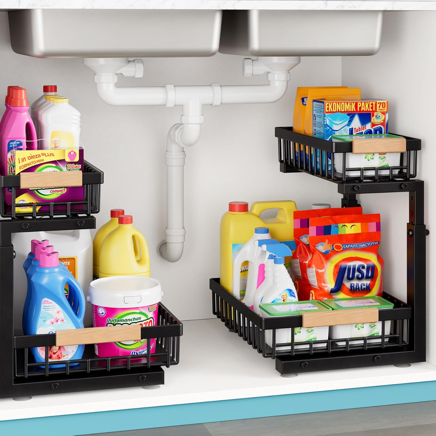 2 Packs 2 Tier Under Sink Organizers and Storage – Upgraded 3.0 Version, Sliding Pull Out Cabinet Storage Shelf, Metal Drawer for Kitchen, Bathroom, Pantry & Closet Organization Rack, Rust-Resistant