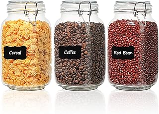 ComSaf Airtight Glass Canister Set of 3 with Lids 50oz Clear Food Storage Jars Square, Kitchen & Pantry Organization Food Storage Container for Canning, Sugar, Flour, Pasta, Candy, Cereal, Coffee