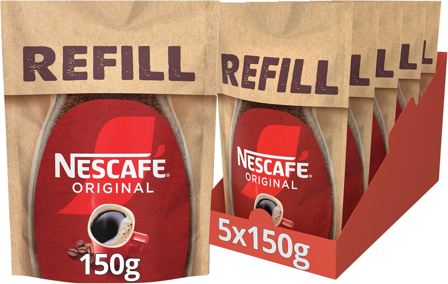NESCAFÉ Original Instant Coffee Refill Pouch 150g, Rich Aroma, Full and Bold Flavour (Pack of 5)