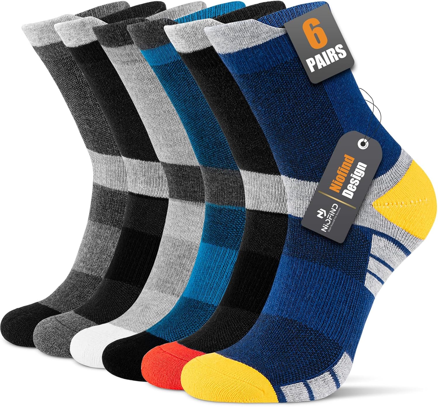 Niofind Mens Socks 6 Pairs, Cushioned Men Women Socks, Anti-Blister, Anti-Odour, Moisture-Wicking, Breathable Cotton Socks for Trainer, Running, Sports, Walking, Working, Cycling, Hiking