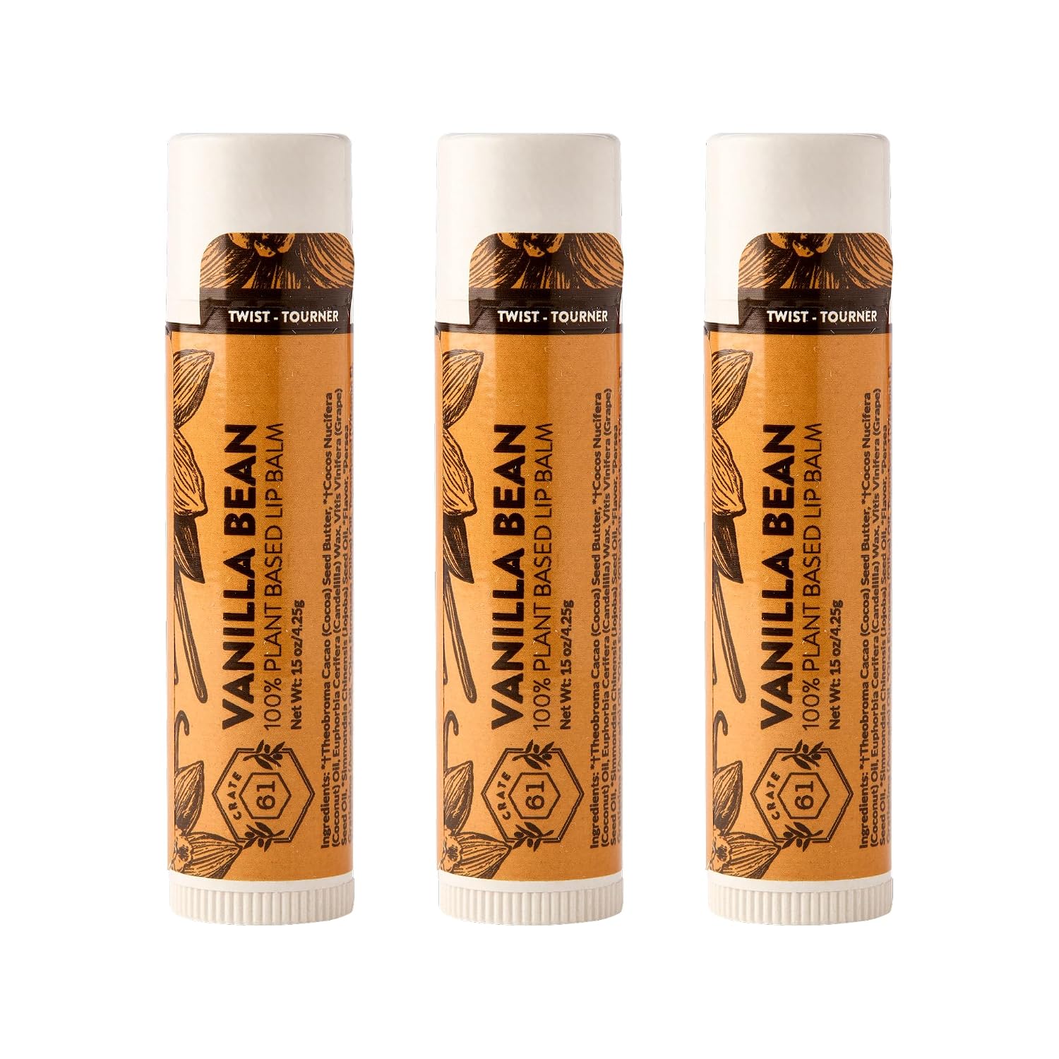 Crate 61 Lip Balm - Vanilla Bean – Plastic-Free Plant Pod® Tube – Made with USDA Organic Ingredients & Fair Trade Vanilla – Natural, Moisturizing Lip Care for Dry Lips – Safe for Men, Women & Kids