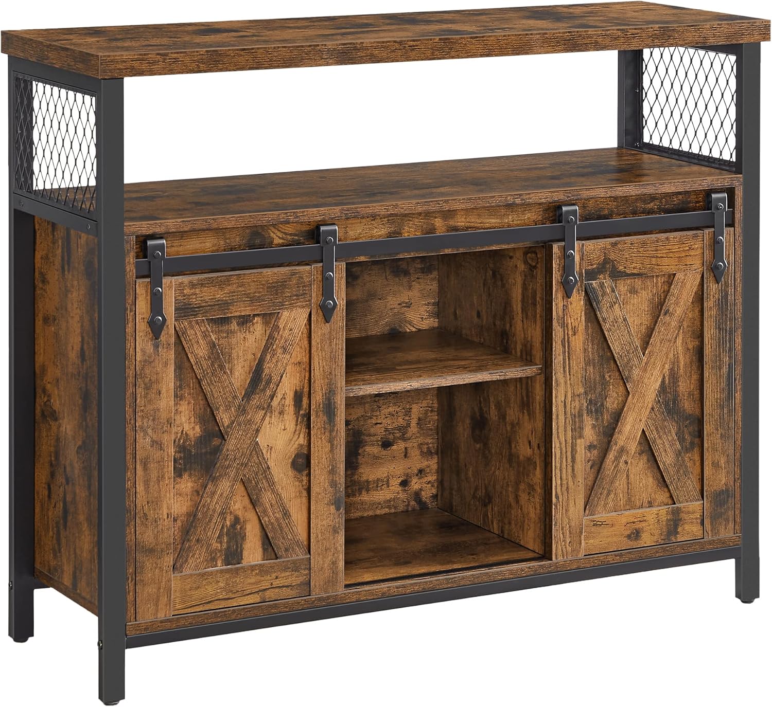 VASAGLE Sideboard, Kitchen Cabinet, Storage Cupboard, with 2 Sliding Barn Doors, 33 x 100 x 80 cm, Adjustable Shelves, for Living Room, Rustic Brown and Ink Black LSC092B01