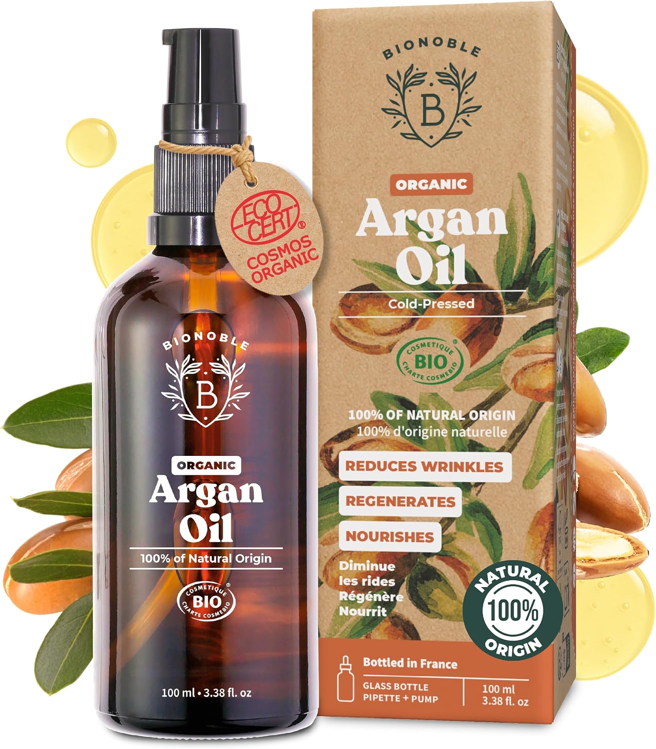 BIONOBLE Organic Argan Oil for Hair, Face, Body - From Morocco - 100ml