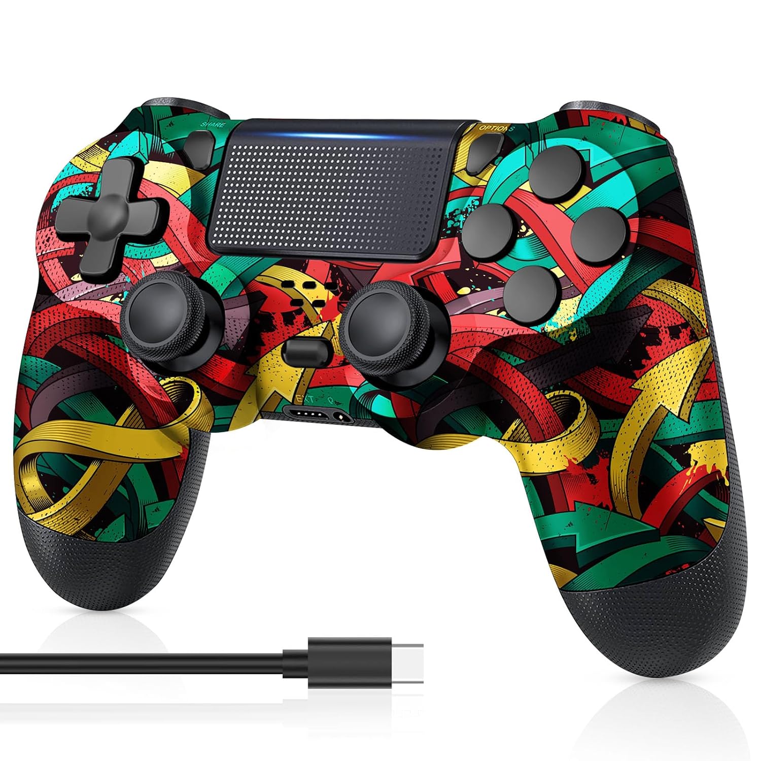 MOOGOLE Wireless Controller Compatible with PS4, with USB C Cable/1000mAh Battery/Dual Motors/6-Axis Gyro/3.5mm Audio Jack/Multi Touch Pad/Share Button (Colorful Arrows)