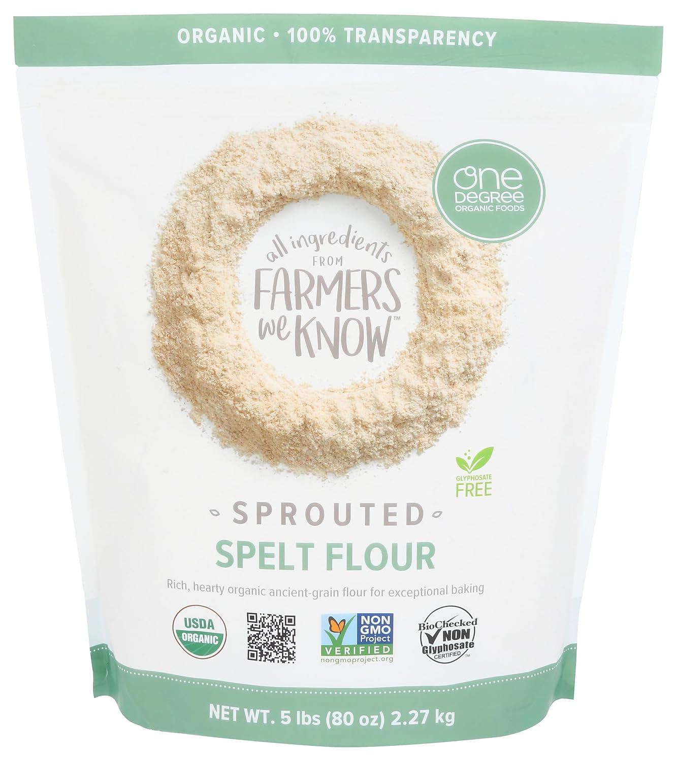 One Degree Organics Sprouted Spelt Flour, Glyphosate-Free, USDA Organic, Whole Grain Baking Flour, High Fiber, Non-GMO, Vegan, Kosher, 80 ounce (Pack of 1)
