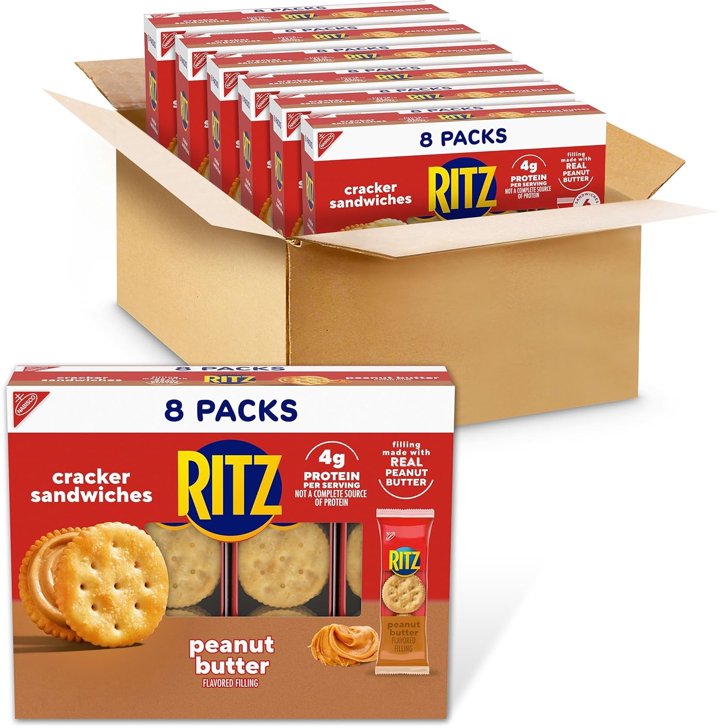 RITZ Peanut Butter Sandwich Crackers, 4g Protein, 48 Snack Packs