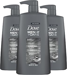 DOVE MEN + CARE Shampoo Charcoal + Clay 3 Count For Healthy-Looking Hair Naturally Derived Plant Based Cleansers 25.4 oz