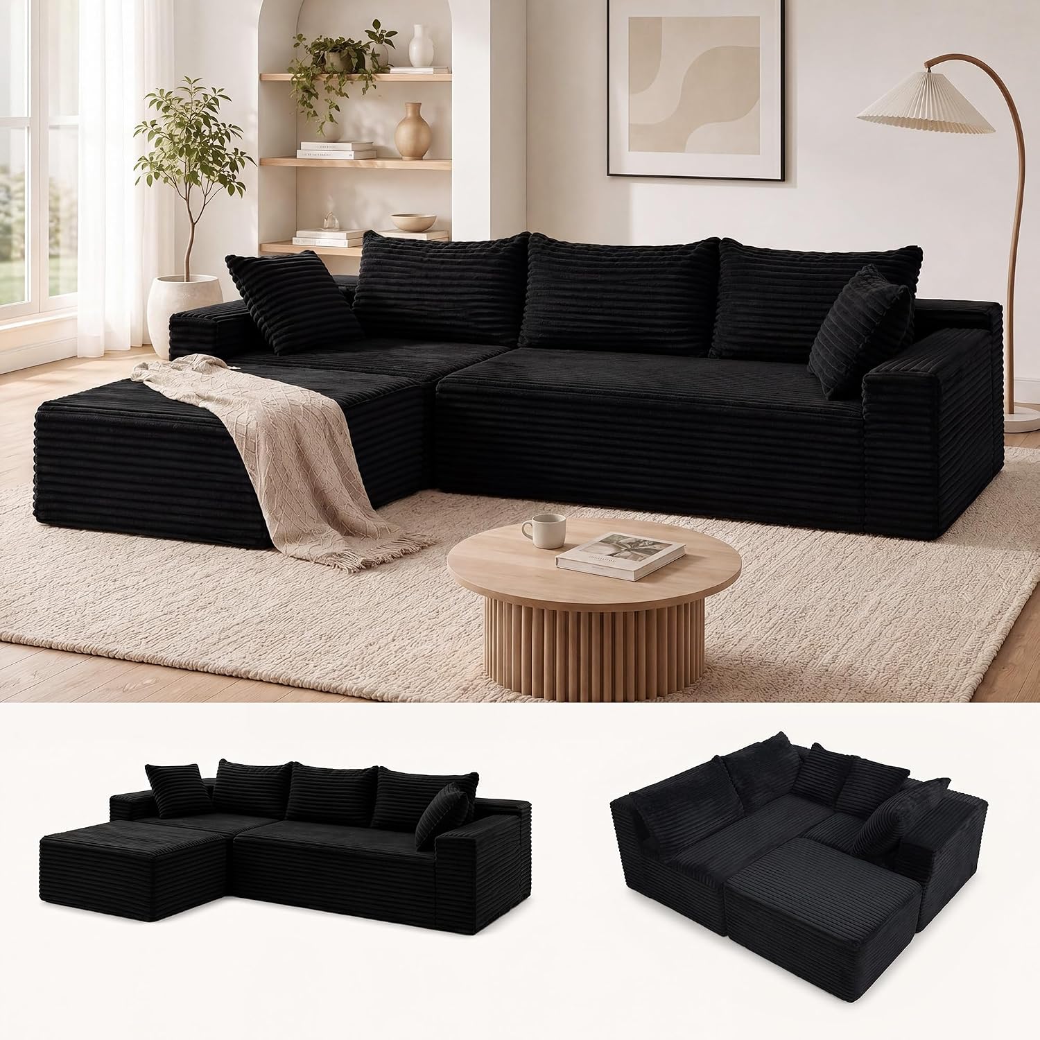 Claiks 94" Boneless Couch, L-Shape Corduroy Sectional Sofa, Black