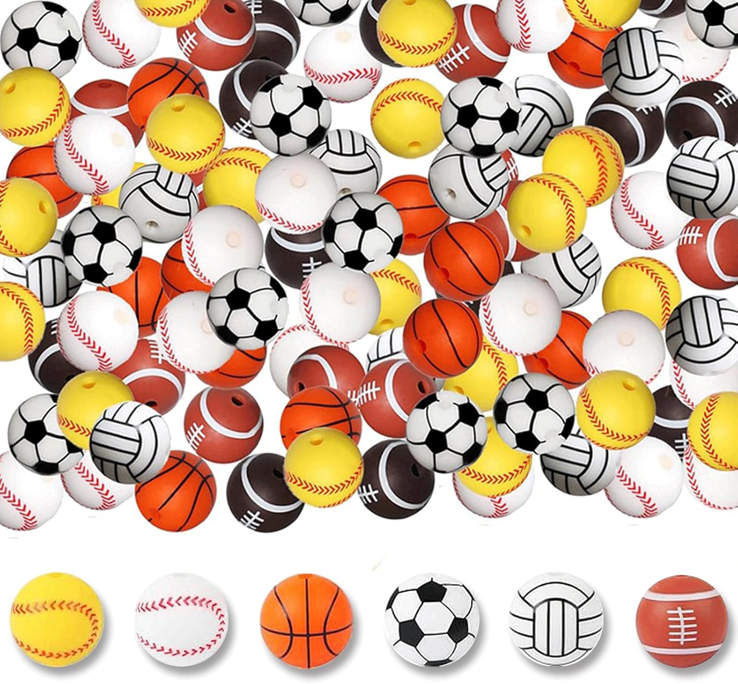 30PCS Sports Silicone Beads, Basketball Soccer Baseball Football Volleyball Silicone Focal Beads, 15mm Silicone Beads for Keychain Making, Loose Beads Bulk for Pens DIY Crafts Bracelet Lanyard