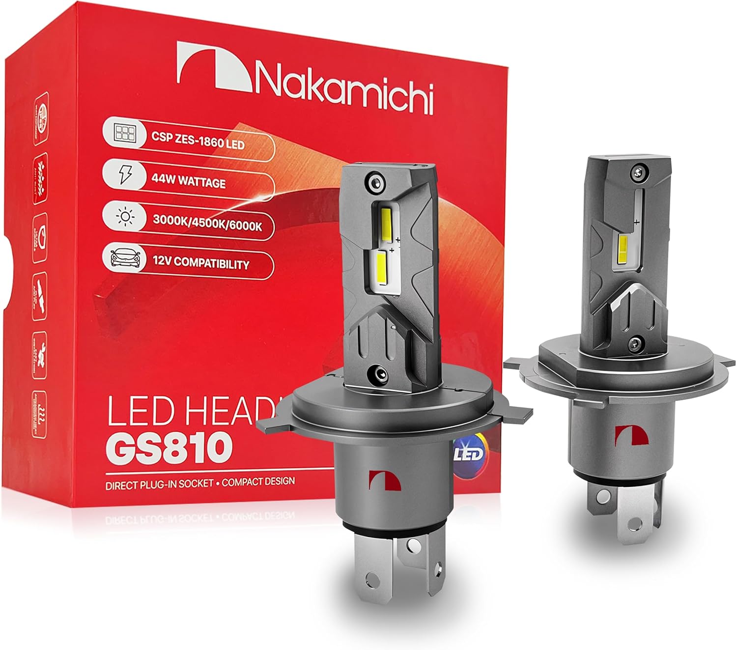 Nakamichi GS810 Series H4 LED Foglight Light Bulbs for Replacement, 12,000 Lumens 44W Per Set, Cool White, Plug and Play, 1:1 Beam, Pack of 2, 4300K, H4 (HB2 9003)
