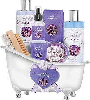 Relaxing Lavender Spa Bath Gift Baskets for Women-Girls, Christmas, Birthday, Bath and Body Set-Kit Includes Candle, Essential Oil, Body Scrub, Bath Salt, Body Lotion, Shower Gel and Body Scrub Brush